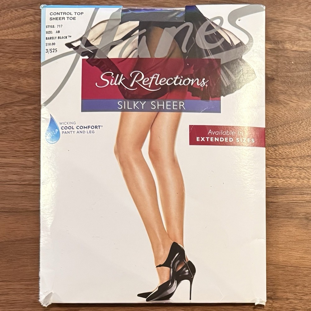 Hanes Silk Reflections Women Sz AB Control Top Barely Black Pantyhose Sheer Toe